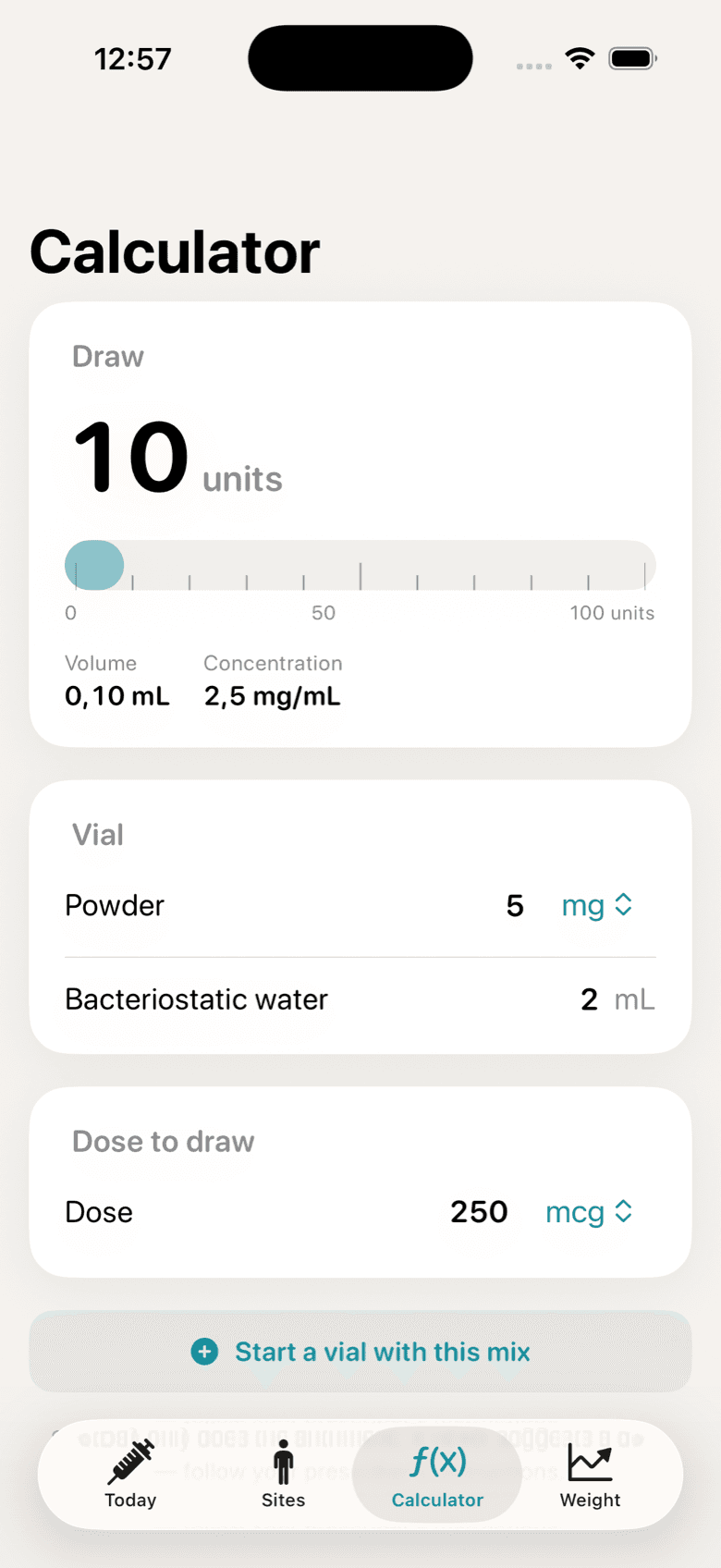 ShotDay reconstitution calculator: vial amount, diluent volume and the resulting units per dose.
