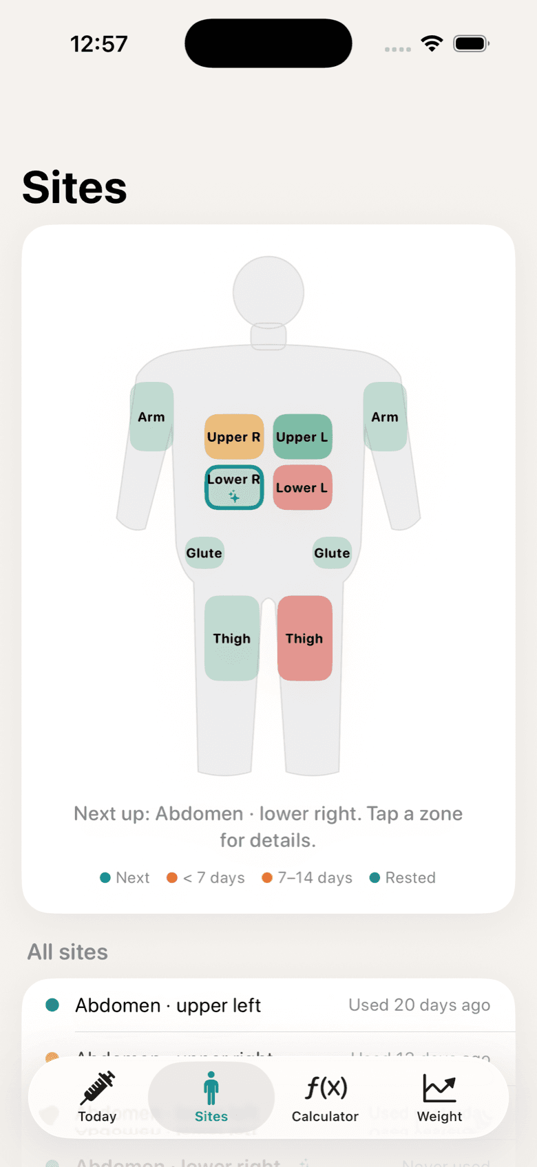 ShotDay Sites screen: a body map with recent injection sites and the suggested next one.