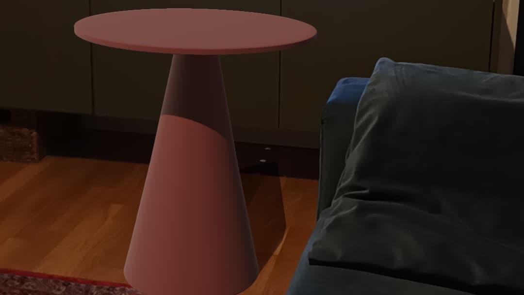 A side table placed at real scale in a living room through the Virtualdom app.