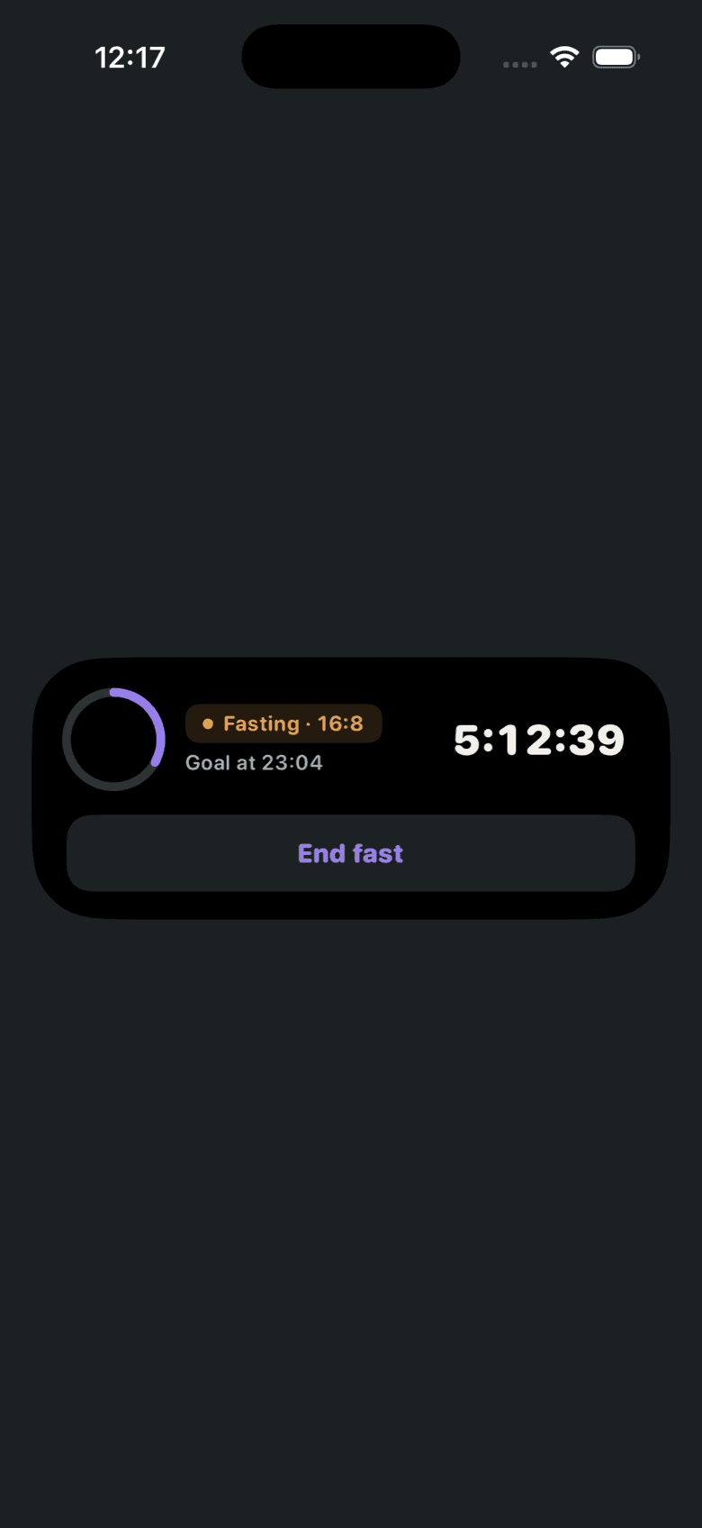 Fastline Live Activity banner: fasting window, progress ring, elapsed time and an End fast button.