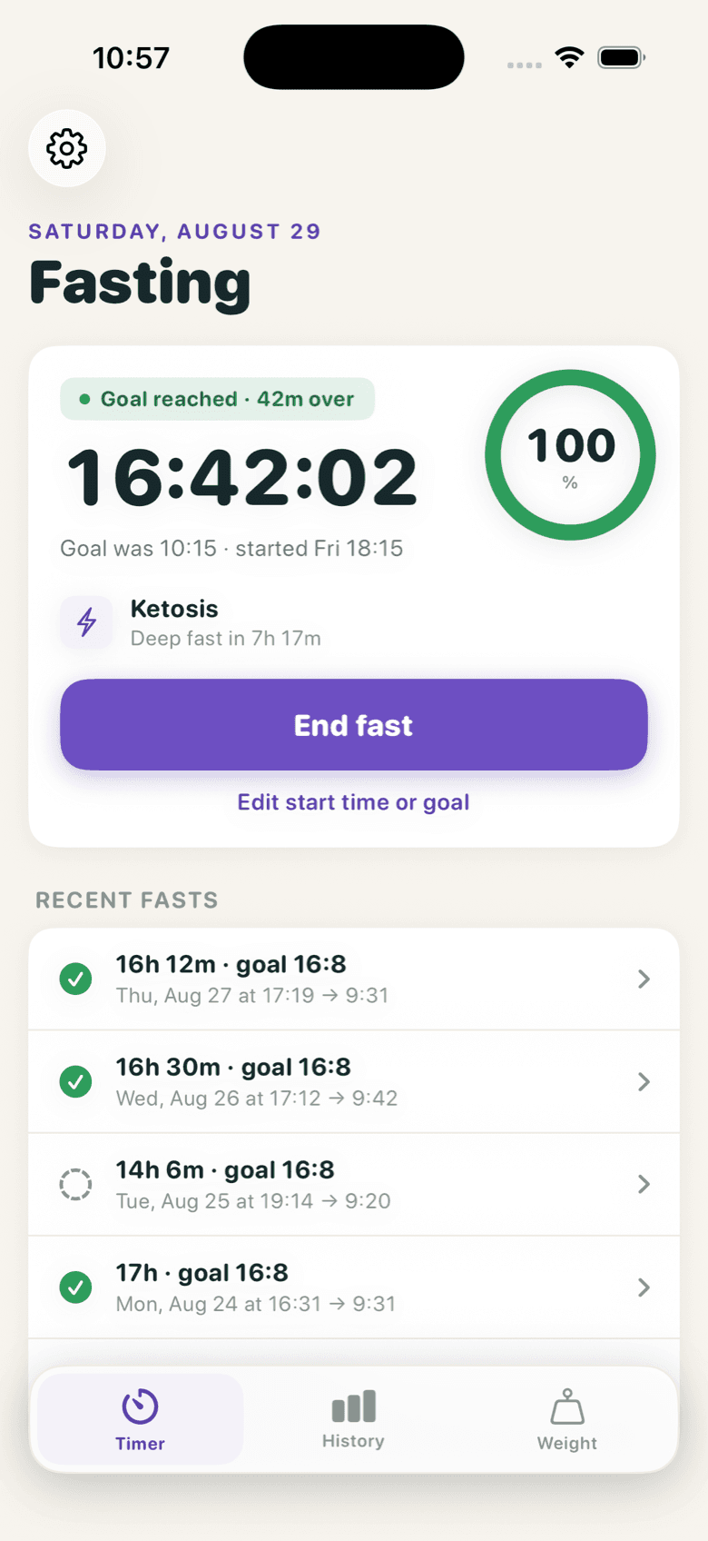 Fastline Timer screen with the goal reached: a full green ring and an End fast button.