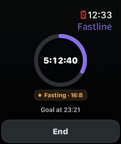 Fastline on Apple Watch: a running fast with elapsed time and an End button.
